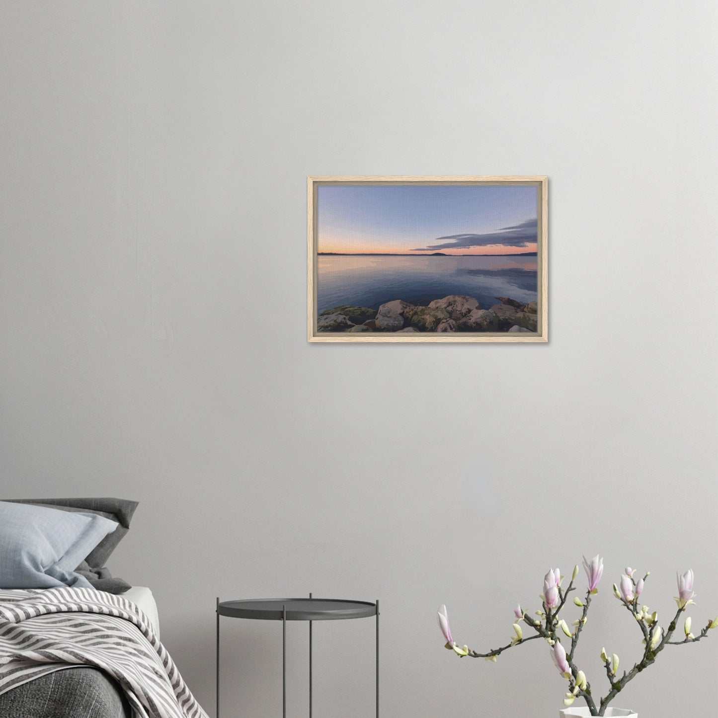 Peaceful Lake Rotorua view with mossy rocks and soft pastel reflections in Calm Waters by NZ artist Ben Hart.