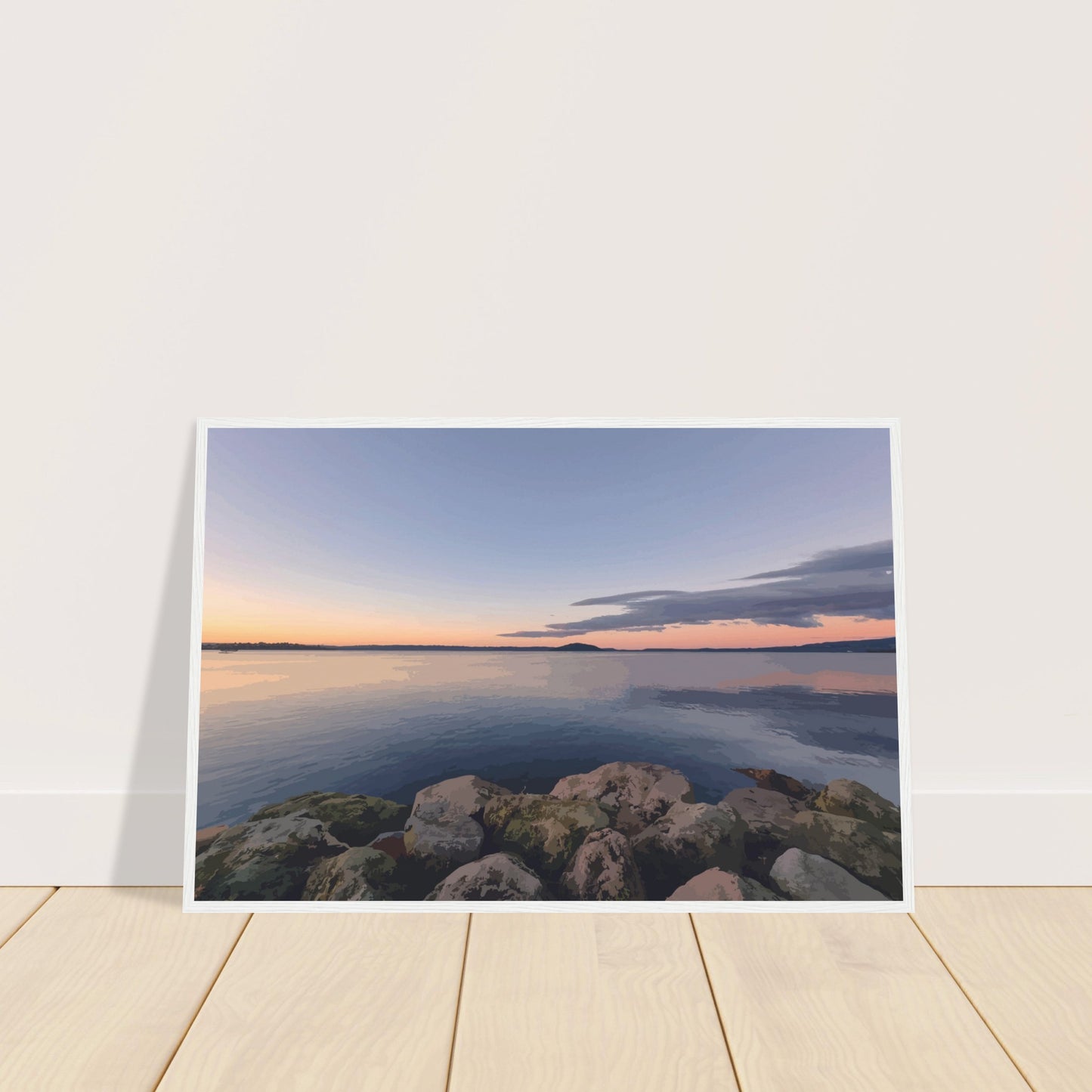 Peaceful Lake Rotorua view with mossy rocks and soft pastel reflections in Calm Waters by NZ artist Ben Hart.