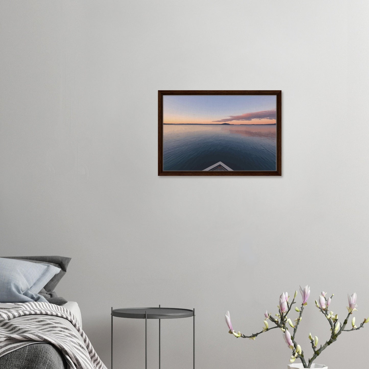 View from jetty over calm Lake Rotorua at sunset in the peaceful artwork Edge of Stillness by NZ designer Ben Hart.