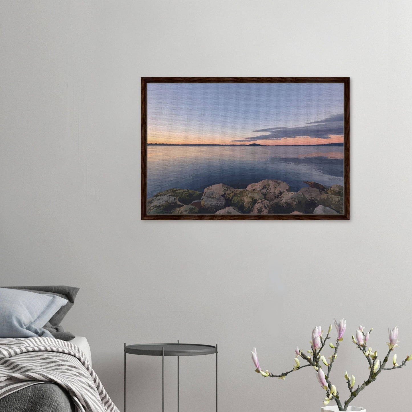 Peaceful Lake Rotorua view with mossy rocks and soft pastel reflections in Calm Waters by NZ artist Ben Hart.