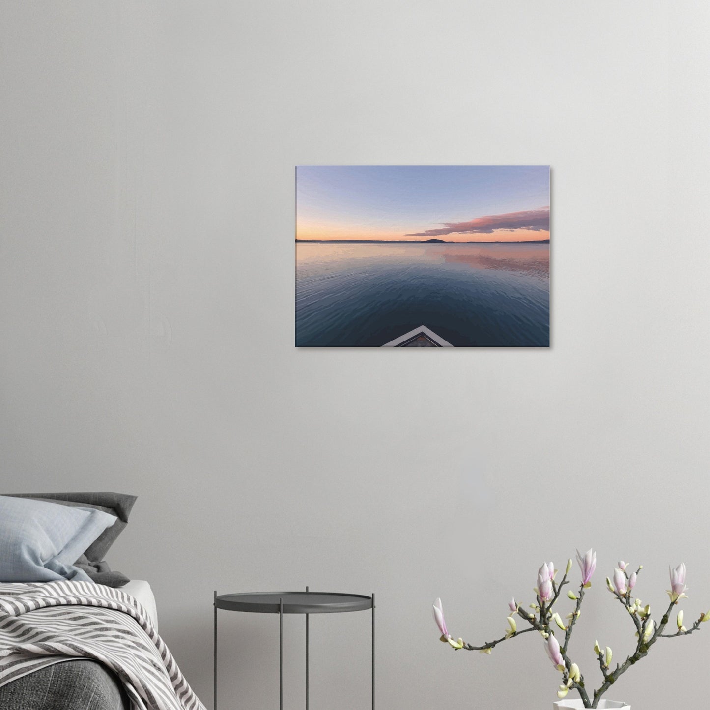 View from jetty over calm Lake Rotorua at sunset in the peaceful artwork Edge of Stillness by NZ designer Ben Hart.