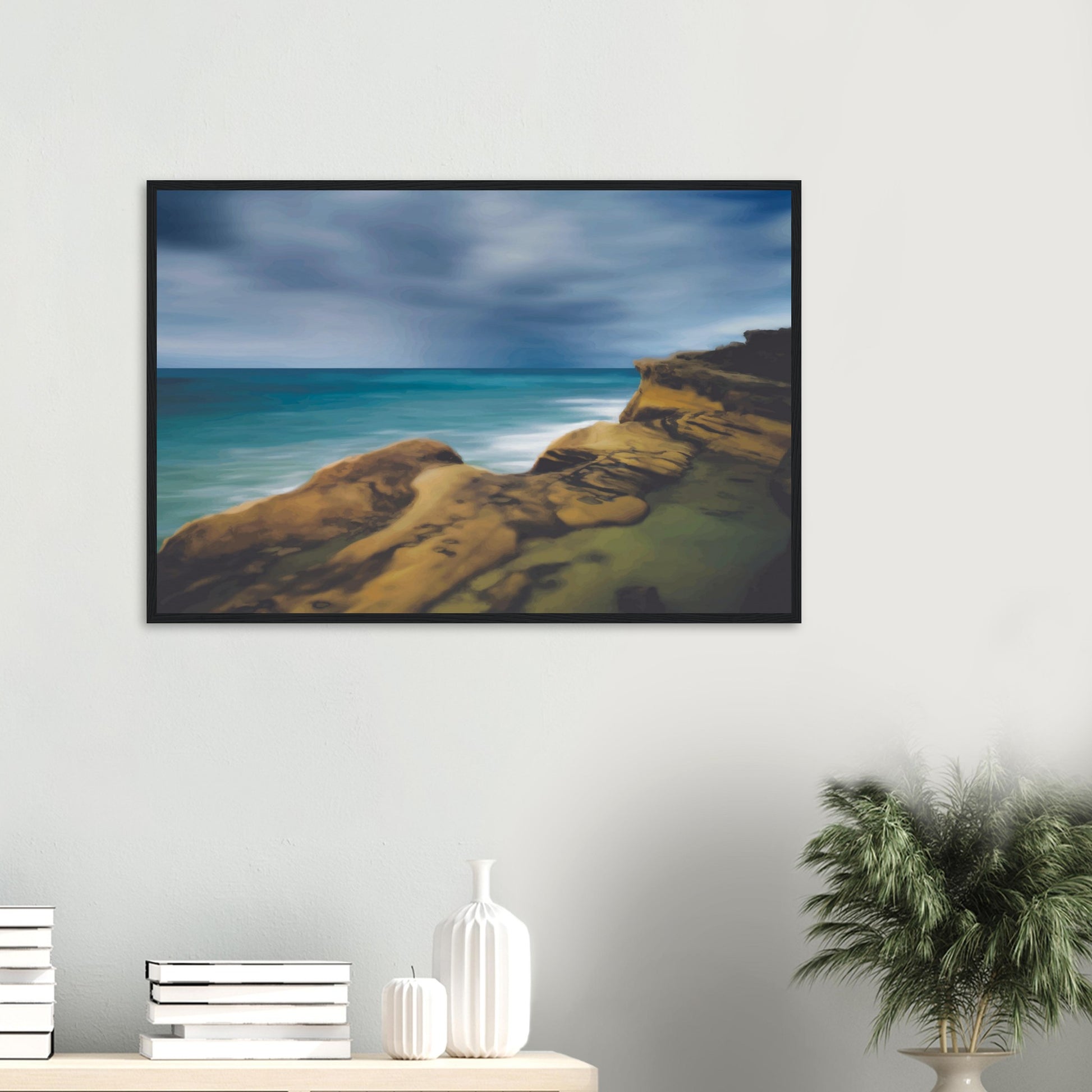 Moody seascape artwork of Castlepoint, with cliffs in the foreground and dark ocean under a brooding sky.