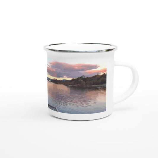 Designer enamel mugs with artwork by NZ designer