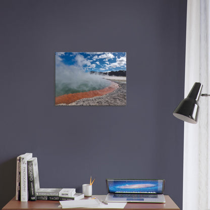 Steaming geothermal pool with bright sky and vivid orange rim in Enchanted Waters by NZ designer Ben Hart.
