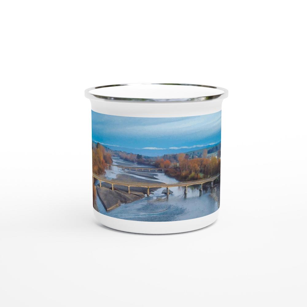 Designer enamel mugs with artwork by NZ designer
