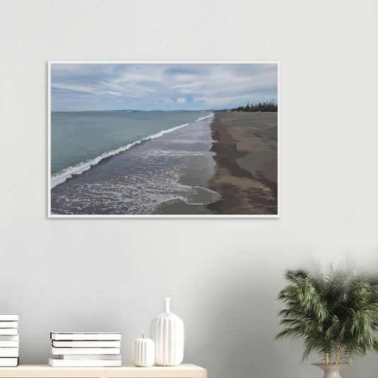 Gentle waves roll onto the dark sand, stretching endlessly into the distance under a softly clouded sky. Hints of pine trees and distant land complete the scene