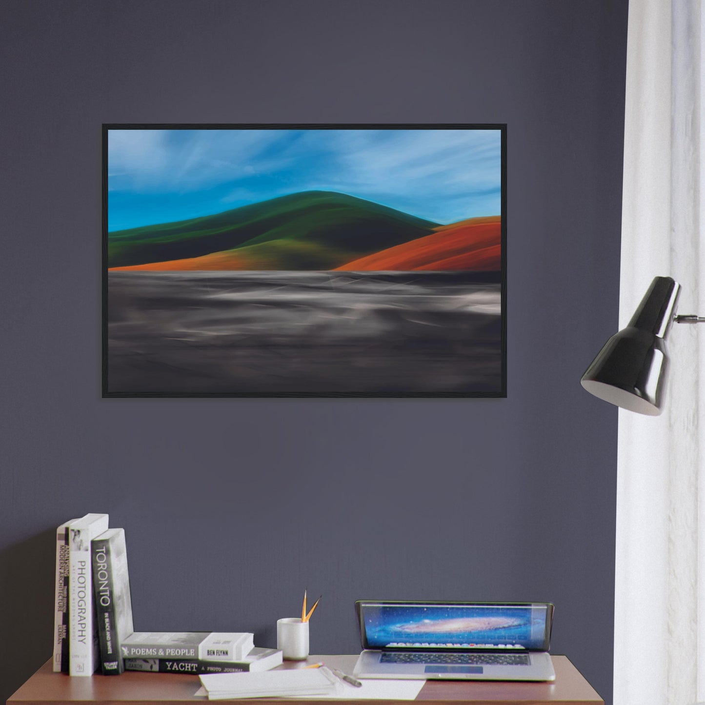 Vibrant artwork of abstract hills and a shimmering road, capturing the feel of a hot summer day in New Zealand.