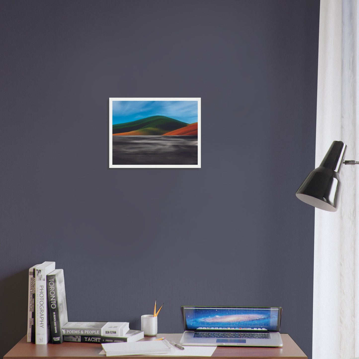 Vibrant artwork of abstract hills and a shimmering road, capturing the feel of a hot summer day in New Zealand.