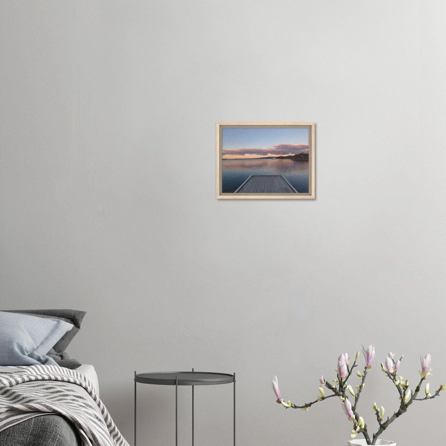 Jetty over Lake Rotorua at dusk with soft clouds and reflections in Echoes of the Lake by New Zealand designer Ben Hart.