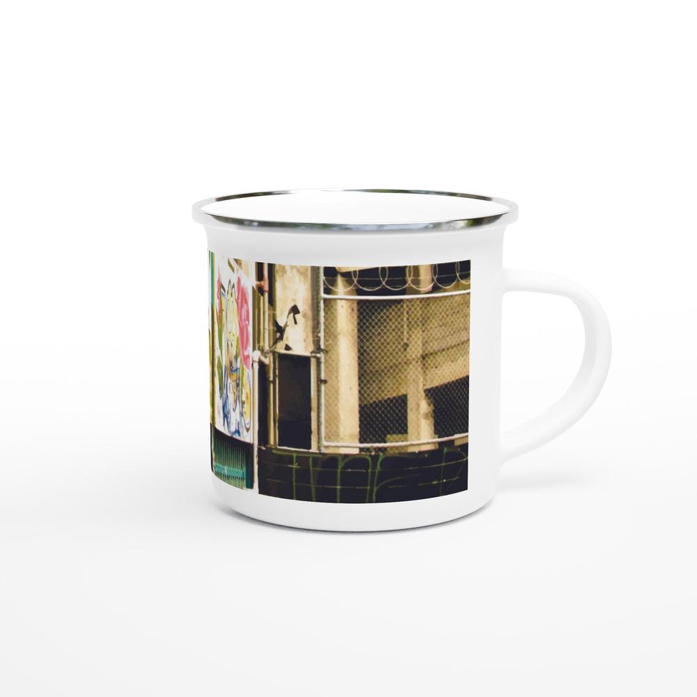 Designer enamel mugs with artwork by NZ designer