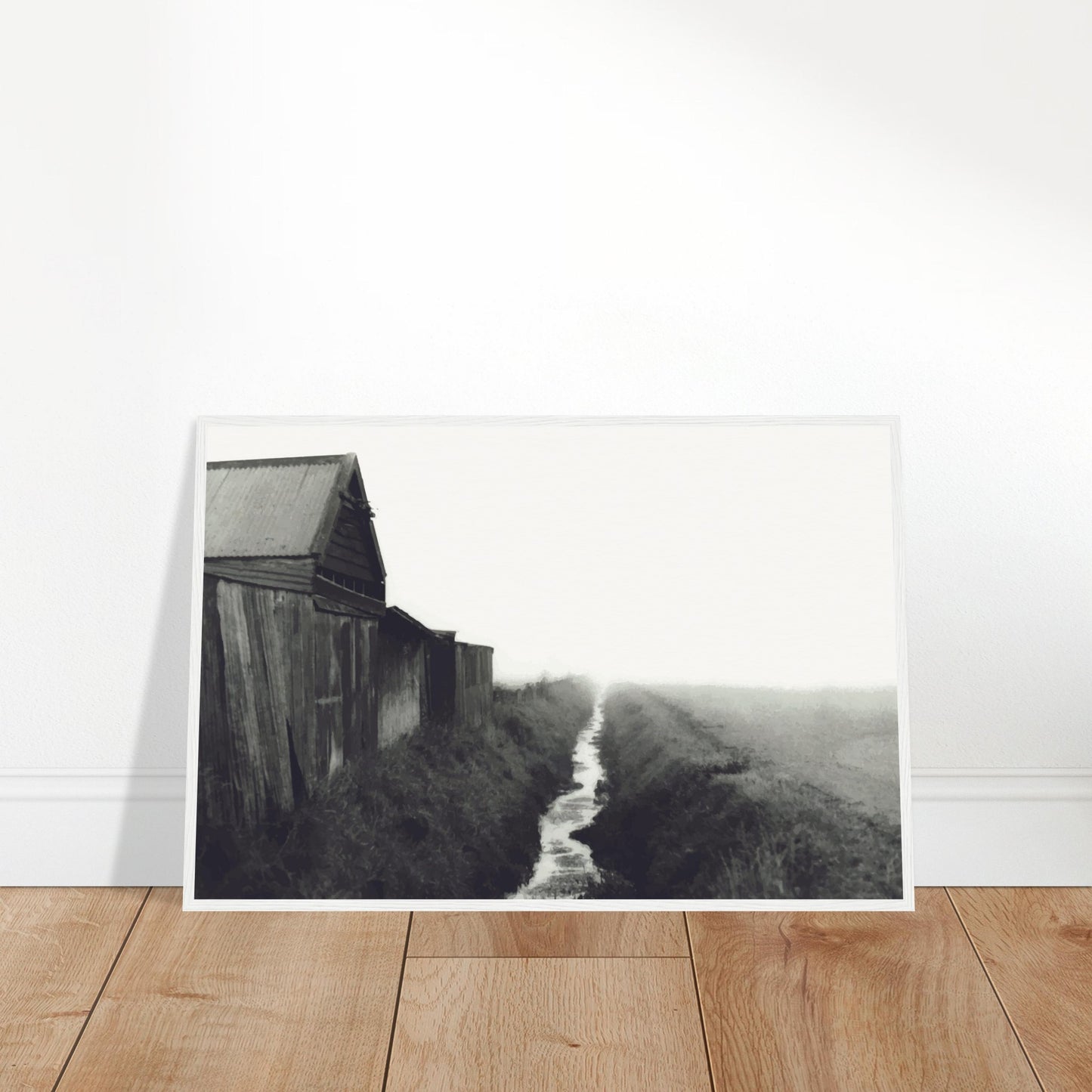 Moody artwork of a rustic barn and misty stream in rural New Zealand, evoking stillness and foggy morning light.