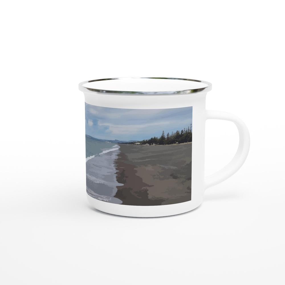 Designer enamel mugs with artwork by NZ designer