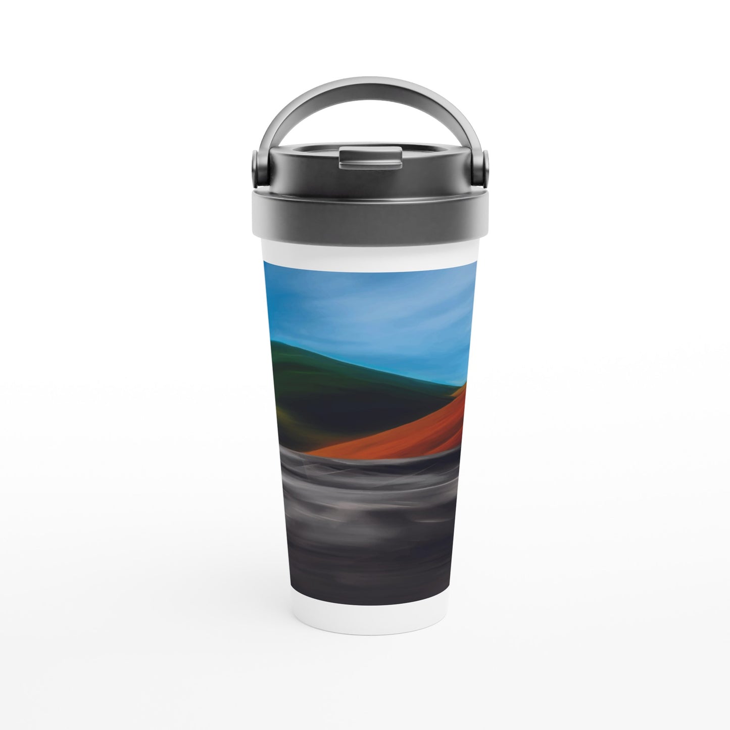 Designer stainless steel travel mug with artwork by NZ designer