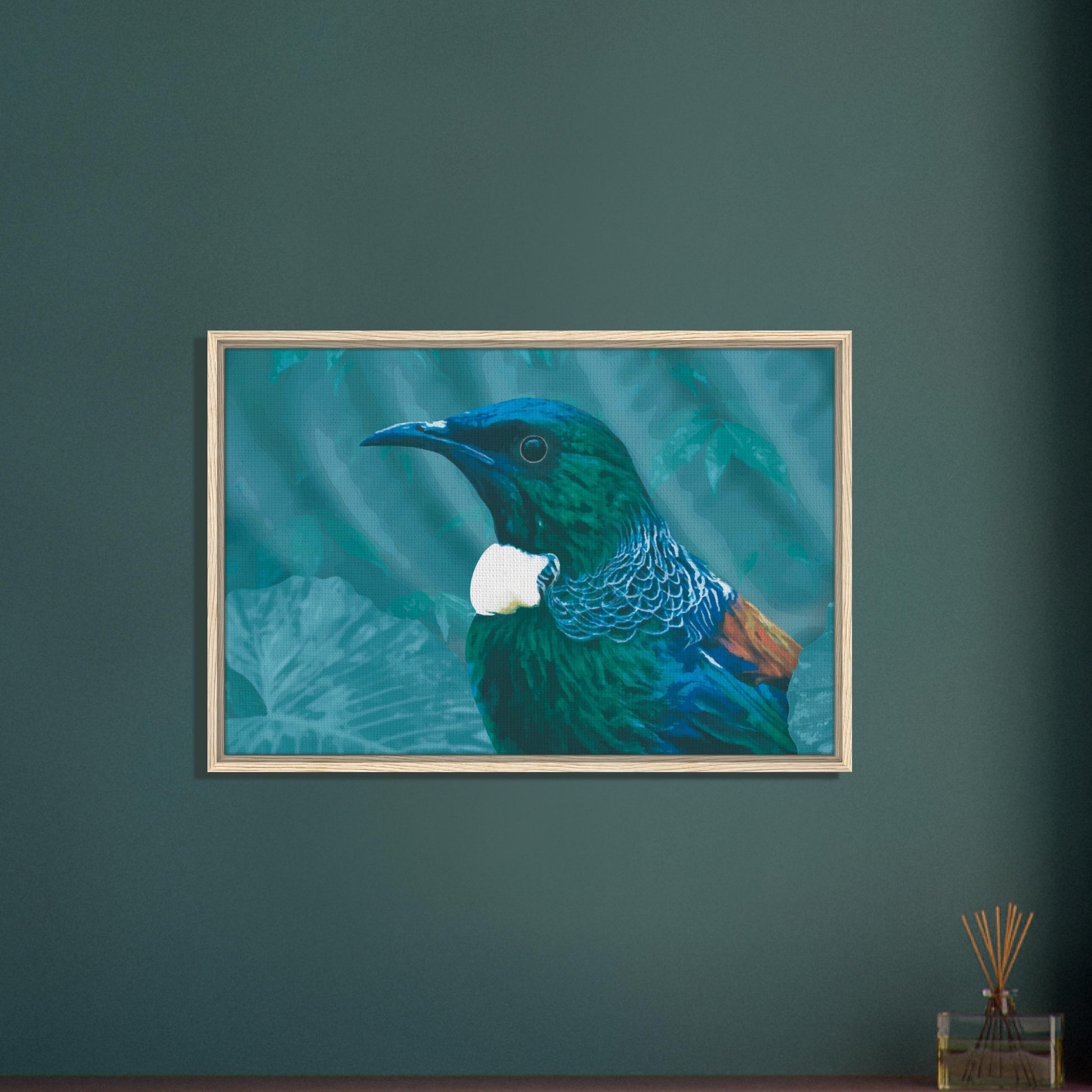 With rich teal and emerald hues and the tūī’s signature white throat tufts, the artwork evokes the dappled light of the forest and the bird’s melodic presence among the trees.