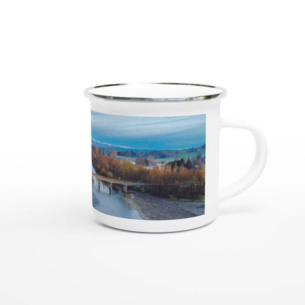 Designer enamel mugs with artwork by NZ designer