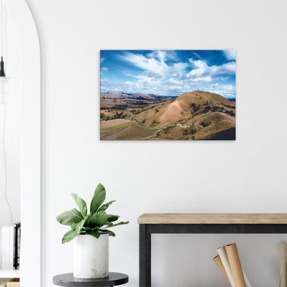 Artwork of Tauweru’s rolling hills under a bright sky, capturing the warmth and openness of the Wairarapa landscape.
