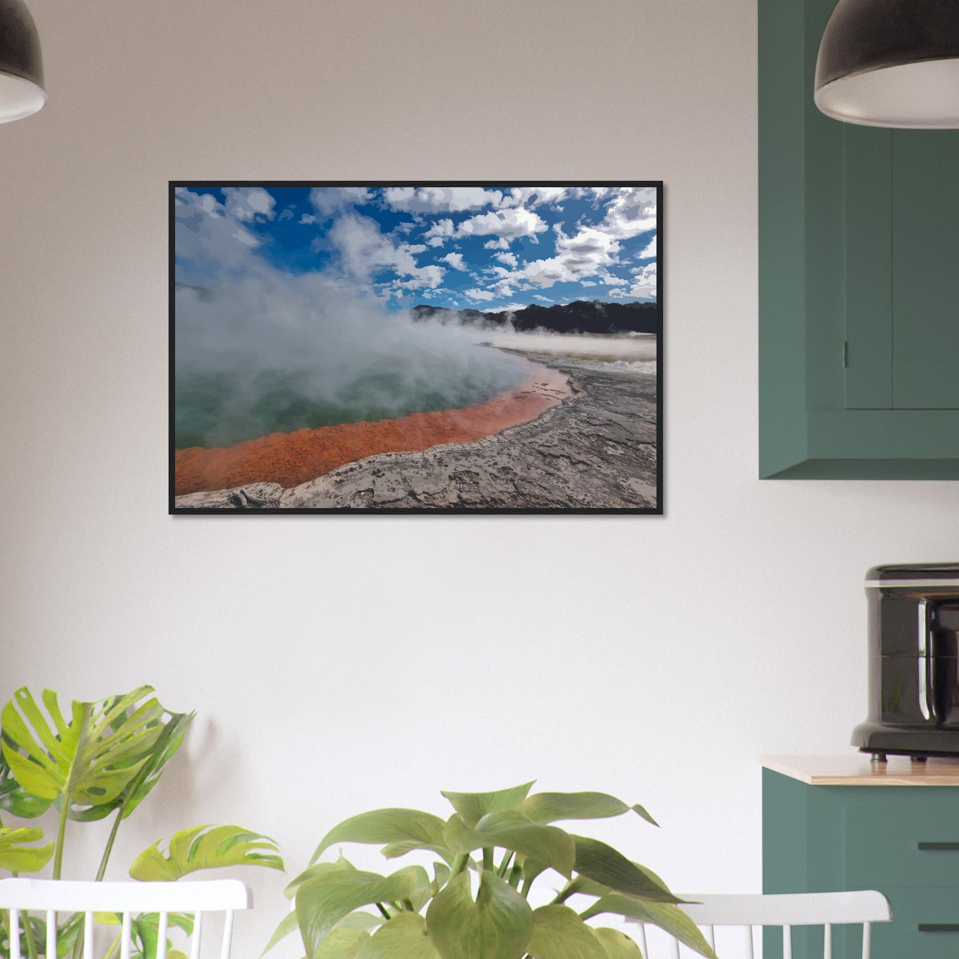 Steaming geothermal pool with bright sky and vivid orange rim in Enchanted Waters by NZ designer Ben Hart.
