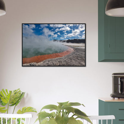 Steaming geothermal pool with bright sky and vivid orange rim in Enchanted Waters by NZ designer Ben Hart.