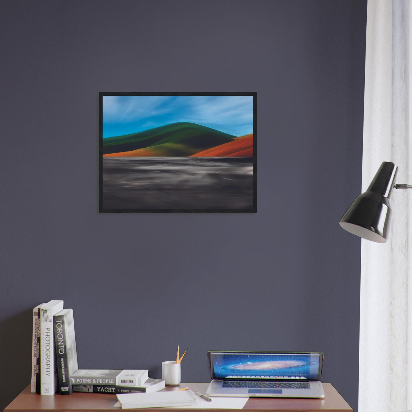 Vibrant artwork of abstract hills and a shimmering road, capturing the feel of a hot summer day in New Zealand.