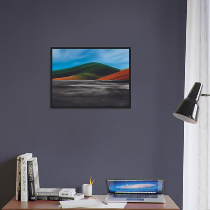 Vibrant artwork of abstract hills and a shimmering road, capturing the feel of a hot summer day in New Zealand.
