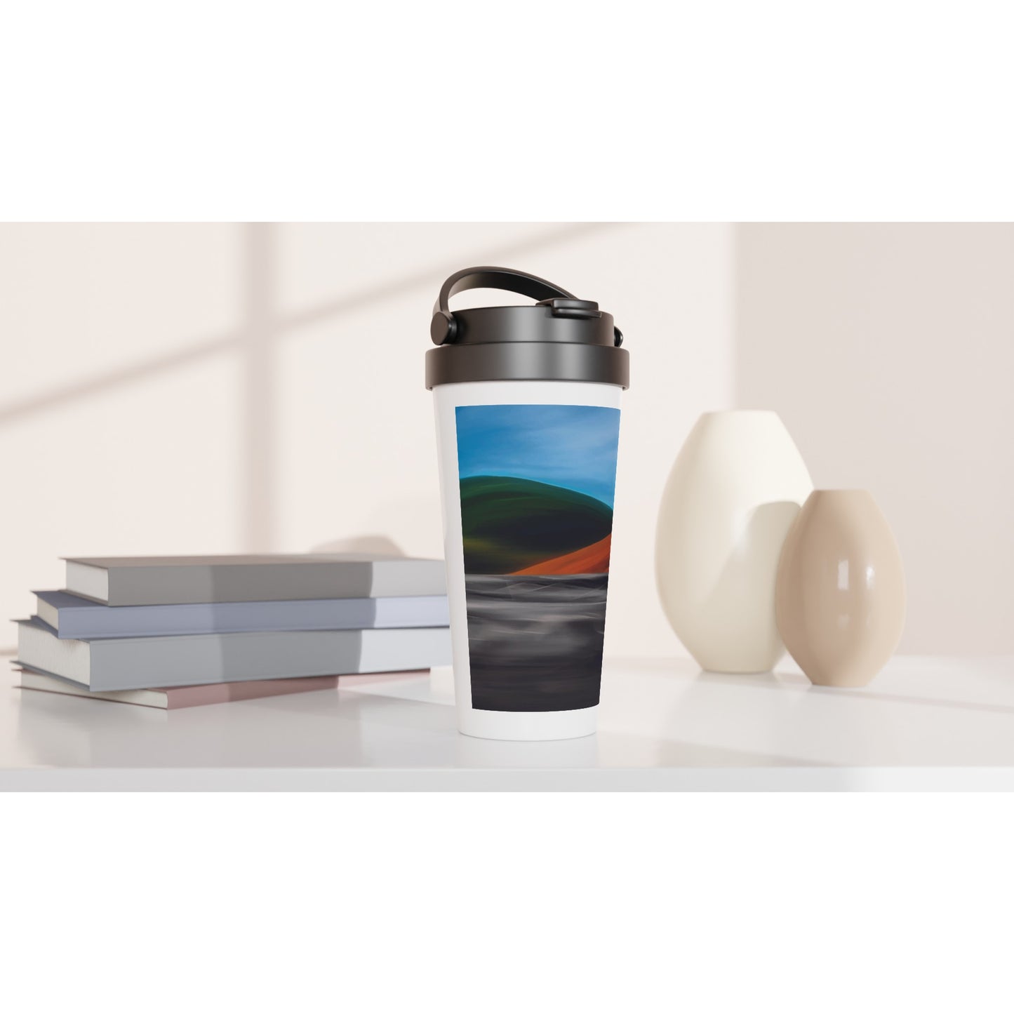 Designer stainless steel travel mug with artwork by NZ designer