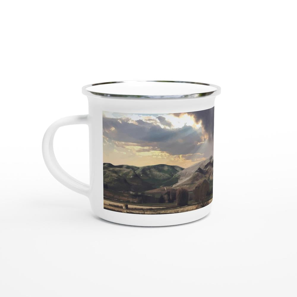 Designer enamel mugs with artwork by NZ designer