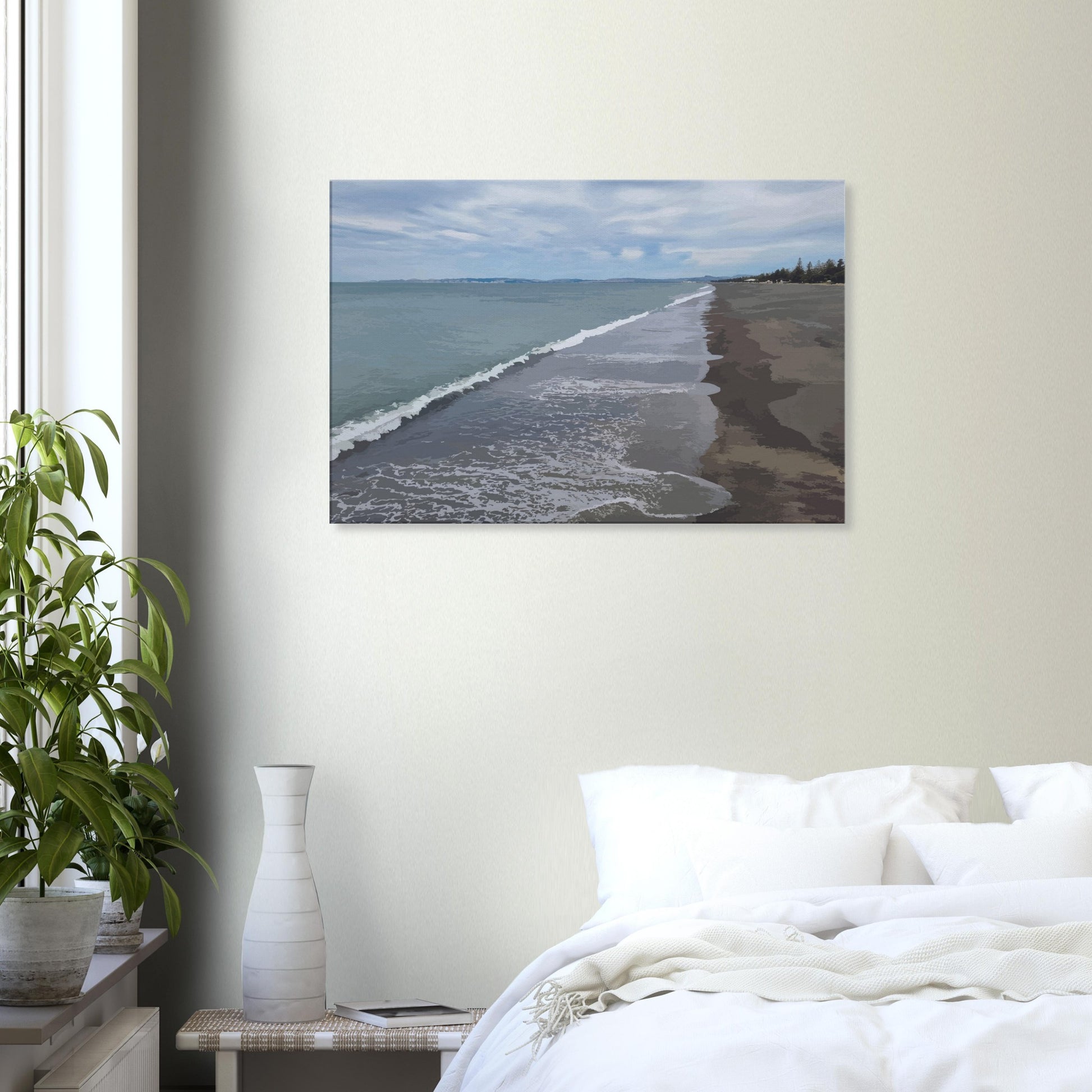 Gentle waves roll onto the dark sand, stretching endlessly into the distance under a softly clouded sky. Hints of pine trees and distant land complete the scene
