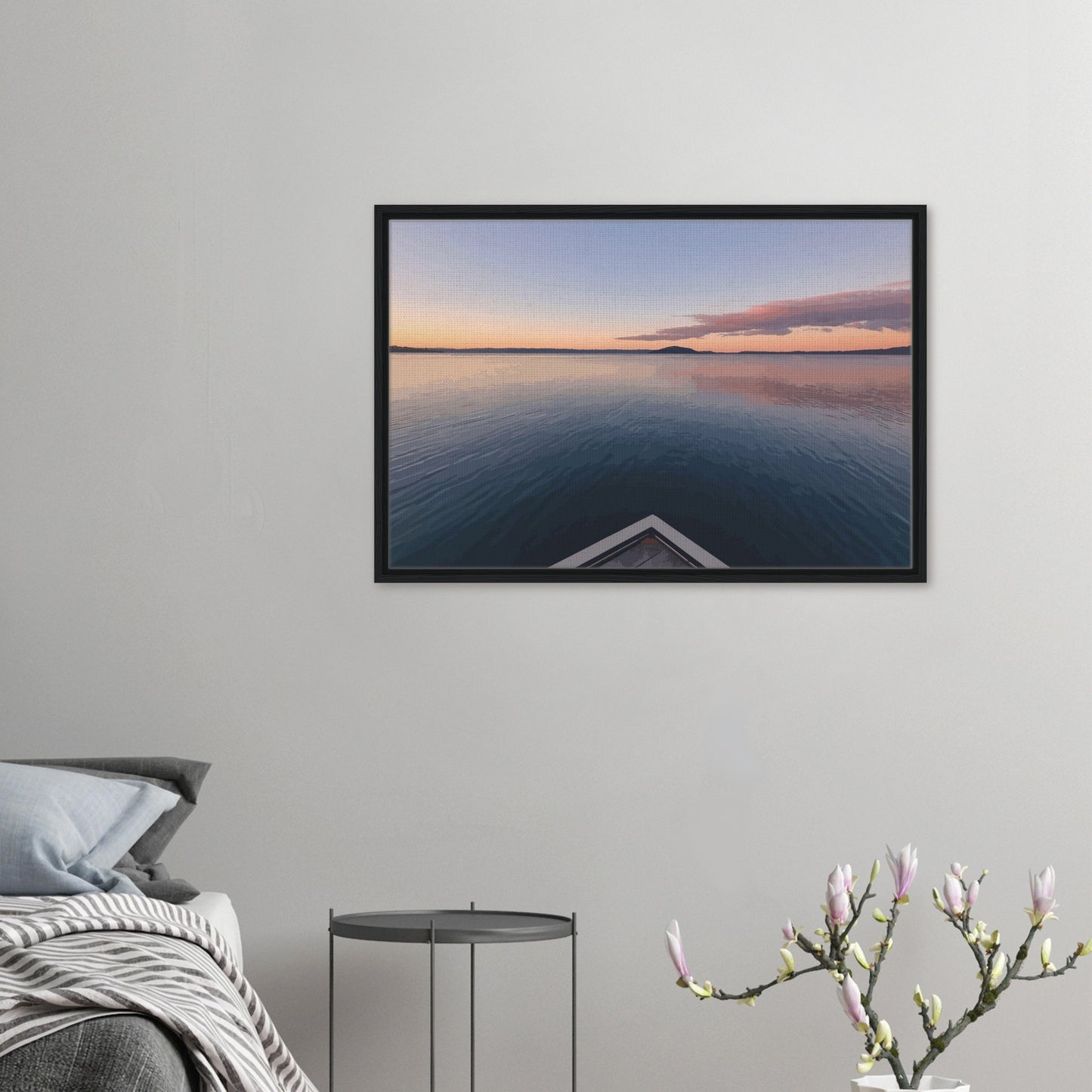 View from jetty over calm Lake Rotorua at sunset in the peaceful artwork Edge of Stillness by NZ designer Ben Hart.