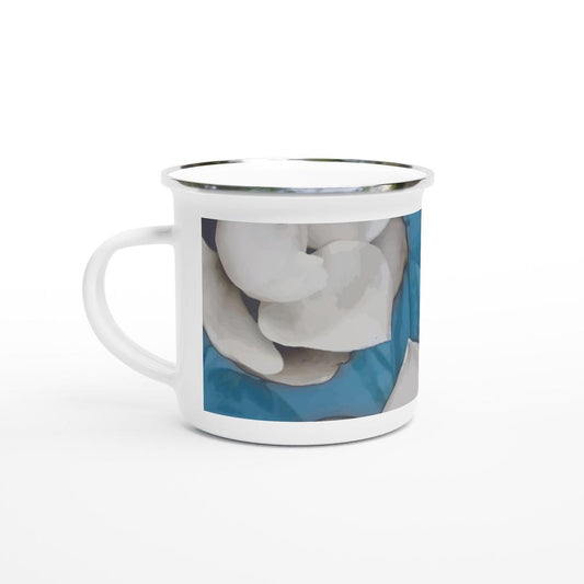 Designer enamel mugs with artwork by NZ designer