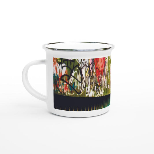 Designer enamel mugs with artwork by NZ designer