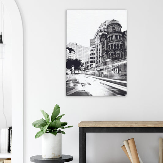 Wellington’s Public Trust Building in bold black and white with city light trails in Public Trust by NZ designer Ben Hart.