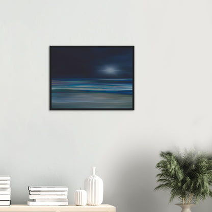 Moody artwork of an abstract sea with dark skies and light on the horizon, evoking calm and quiet transformation.