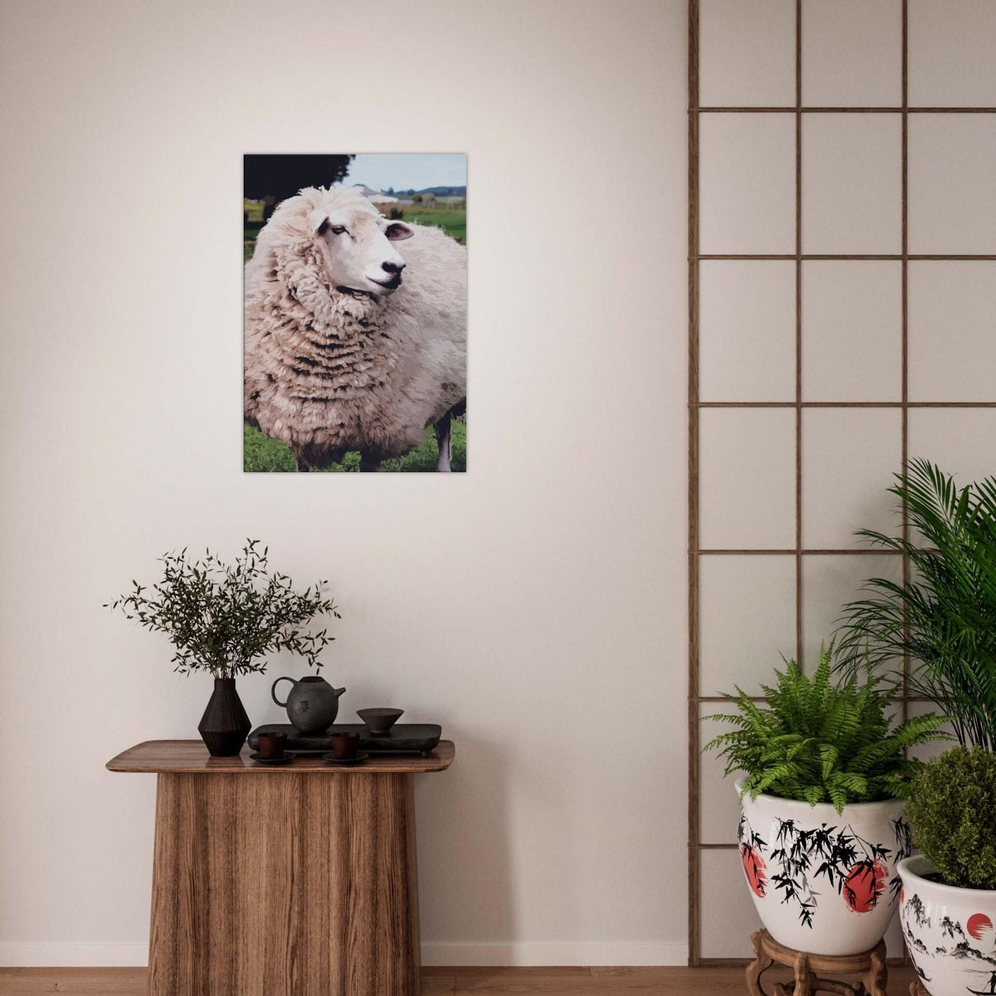 Close-up artwork of a fluffy sheep with a confident look, full of rural charm and Kiwi personality.