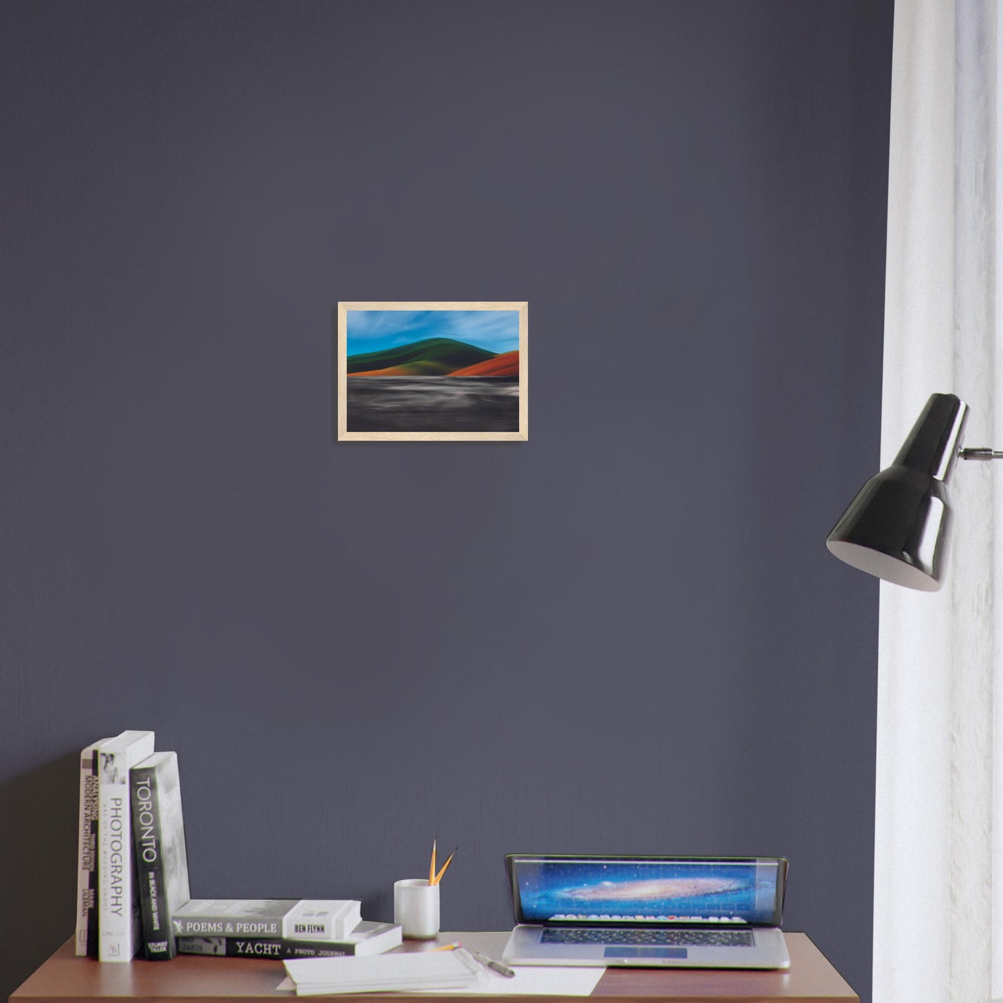 Vibrant artwork of abstract hills and a shimmering road, capturing the feel of a hot summer day in New Zealand.