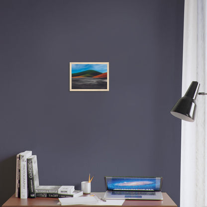 Vibrant artwork of abstract hills and a shimmering road, capturing the feel of a hot summer day in New Zealand.
