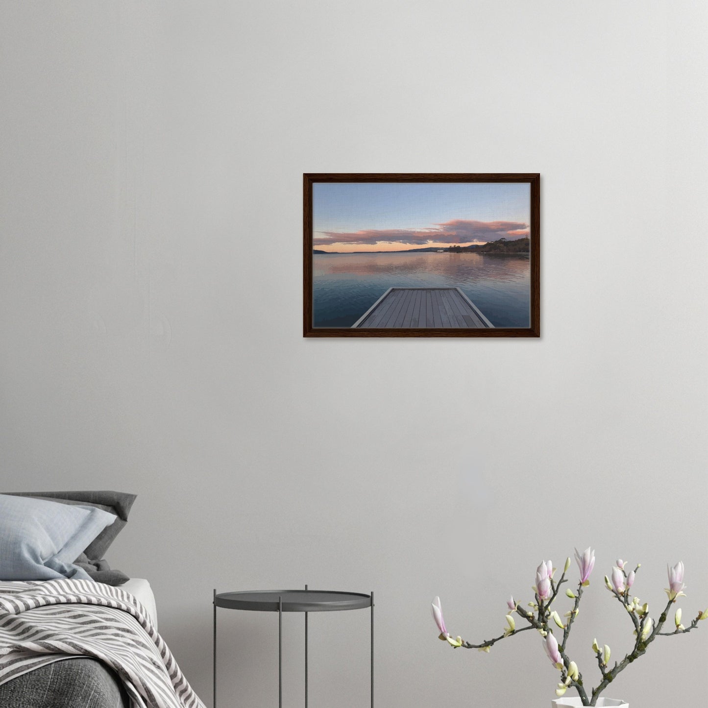 Jetty over Lake Rotorua at dusk with soft clouds and reflections in Echoes of the Lake by New Zealand designer Ben Hart.