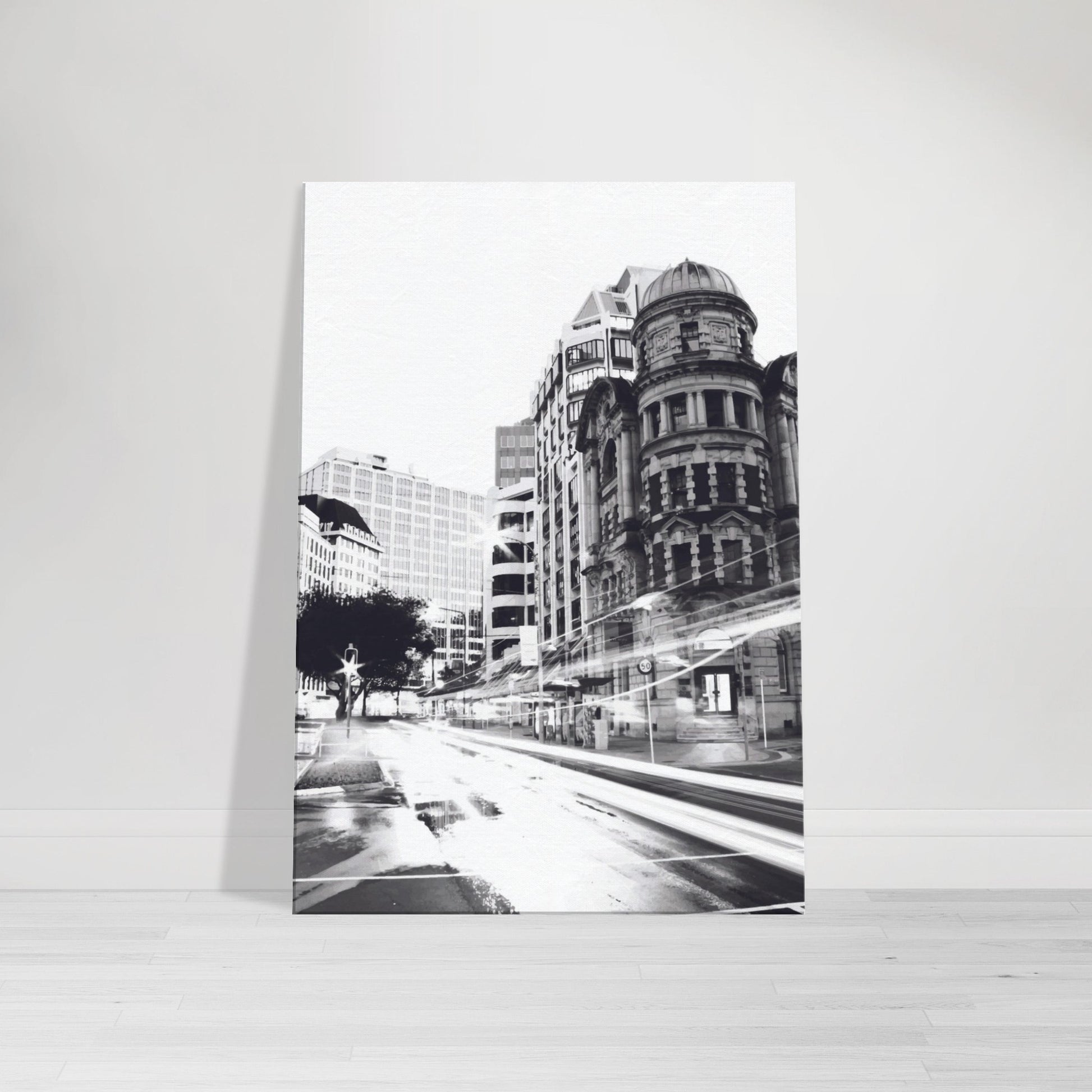 Wellington’s Public Trust Building in bold black and white with city light trails in Public Trust by NZ designer Ben Hart.