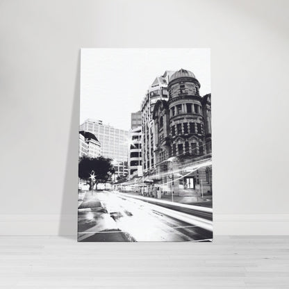 Wellington’s Public Trust Building in bold black and white with city light trails in Public Trust by NZ designer Ben Hart.