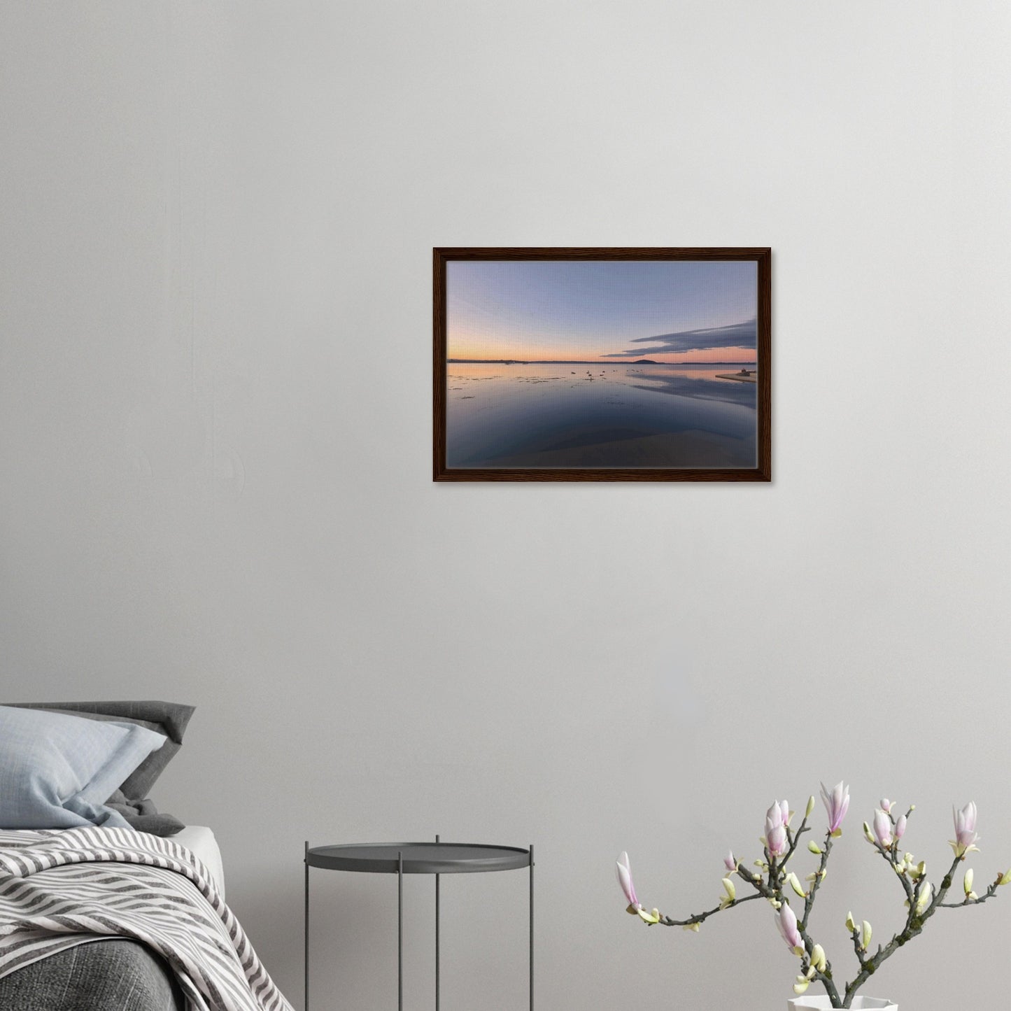 Peaceful Lake Rotorua at sunset with soft pastels, black swans and reflections in Whispers on the Lake by Ben Hart.