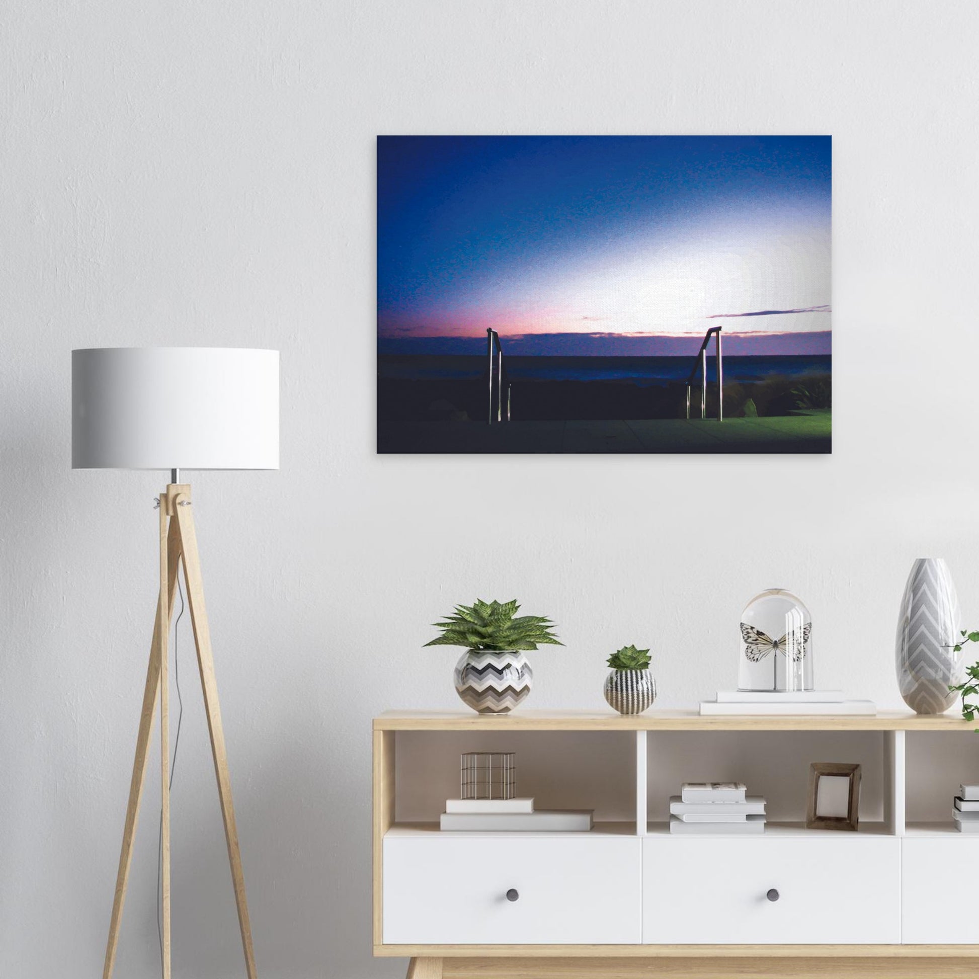 Artwork of Owhiro Bay at dusk with glowing horizon, sea, and steel railings leading into night.