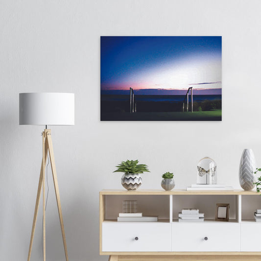 Artwork of Owhiro Bay at dusk with glowing horizon, sea, and steel railings leading into night.