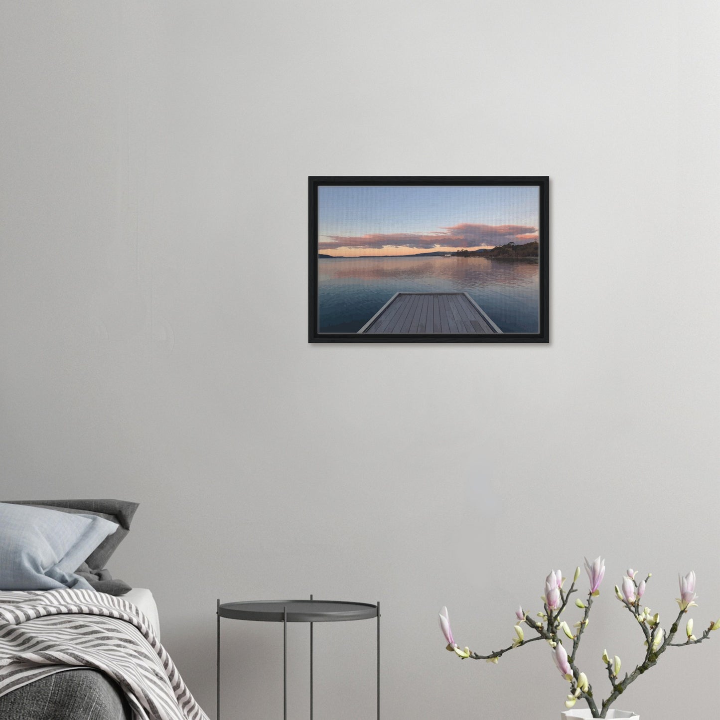 Jetty over Lake Rotorua at dusk with soft clouds and reflections in Echoes of the Lake by New Zealand designer Ben Hart.