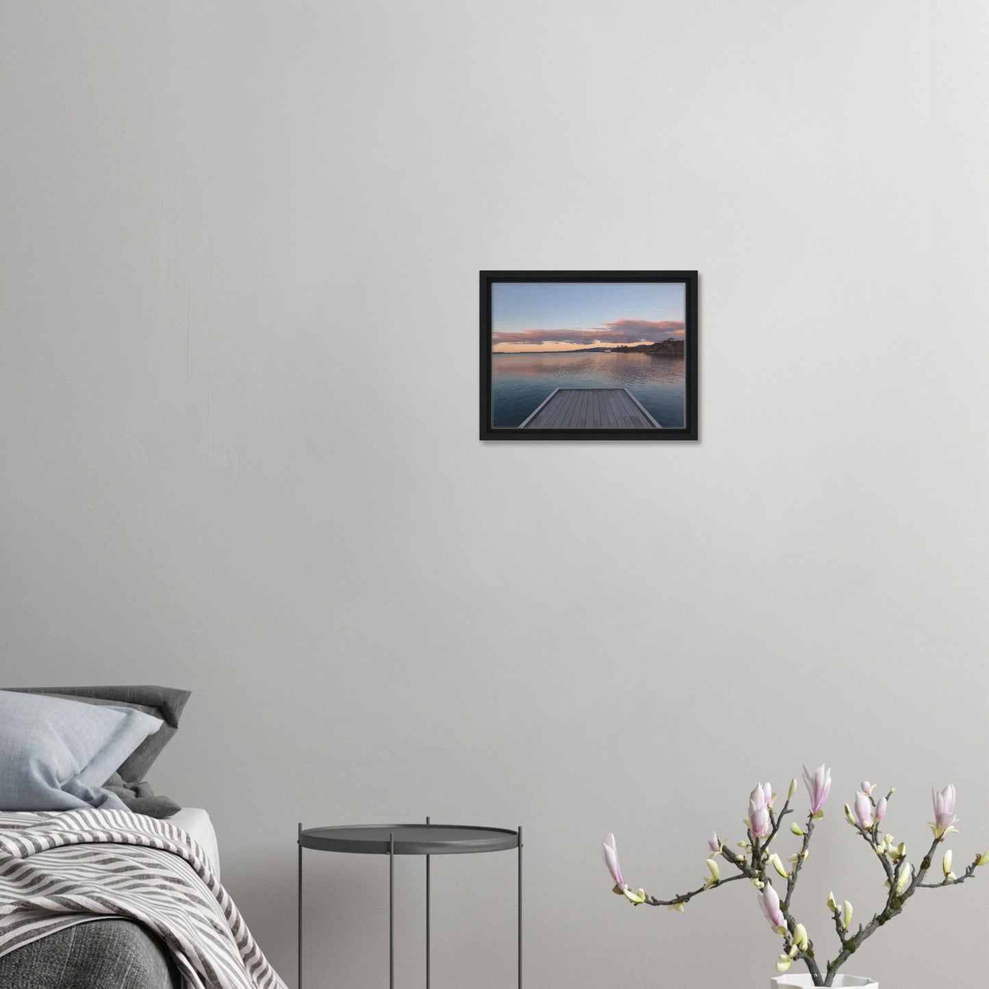 Jetty over Lake Rotorua at dusk with soft clouds and reflections in Echoes of the Lake by New Zealand designer Ben Hart.