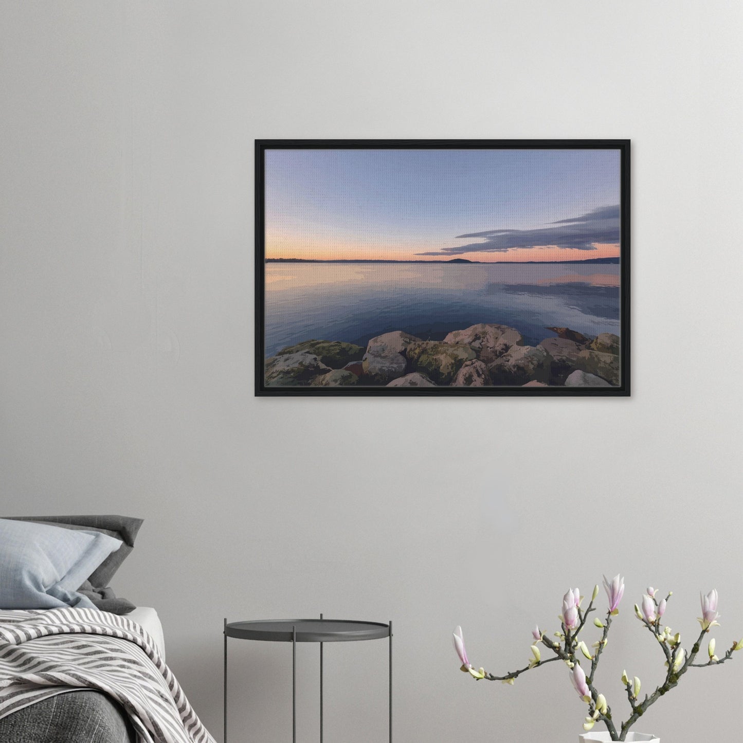 Peaceful Lake Rotorua view with mossy rocks and soft pastel reflections in Calm Waters by NZ artist Ben Hart.