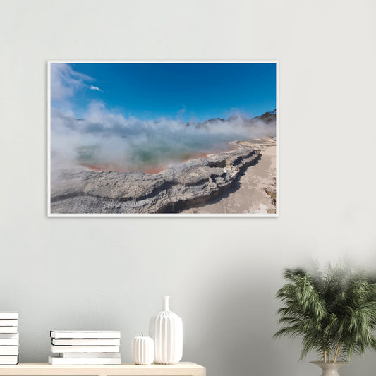 Steaming geothermal pool in Wai-O-Tapu, NZ, with green water and vivid edges in the artwork Thermal Waters by Ben Hart.