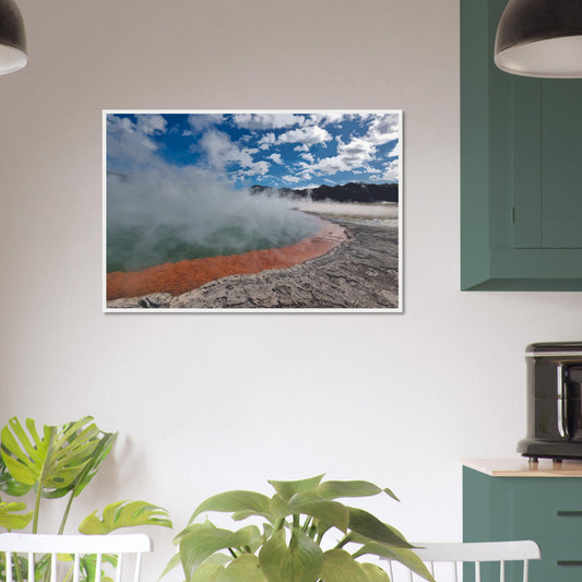 Steaming geothermal pool with bright sky and vivid orange rim in Enchanted Waters by NZ designer Ben Hart.