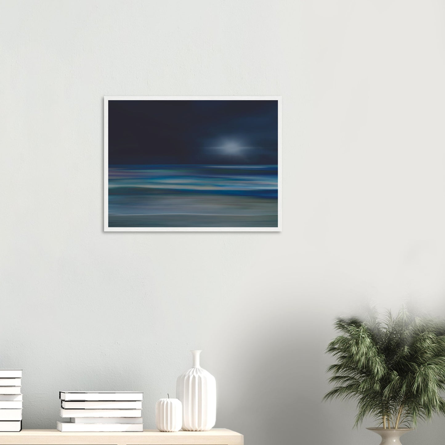 Moody artwork of an abstract sea with dark skies and light on the horizon, evoking calm and quiet transformation.