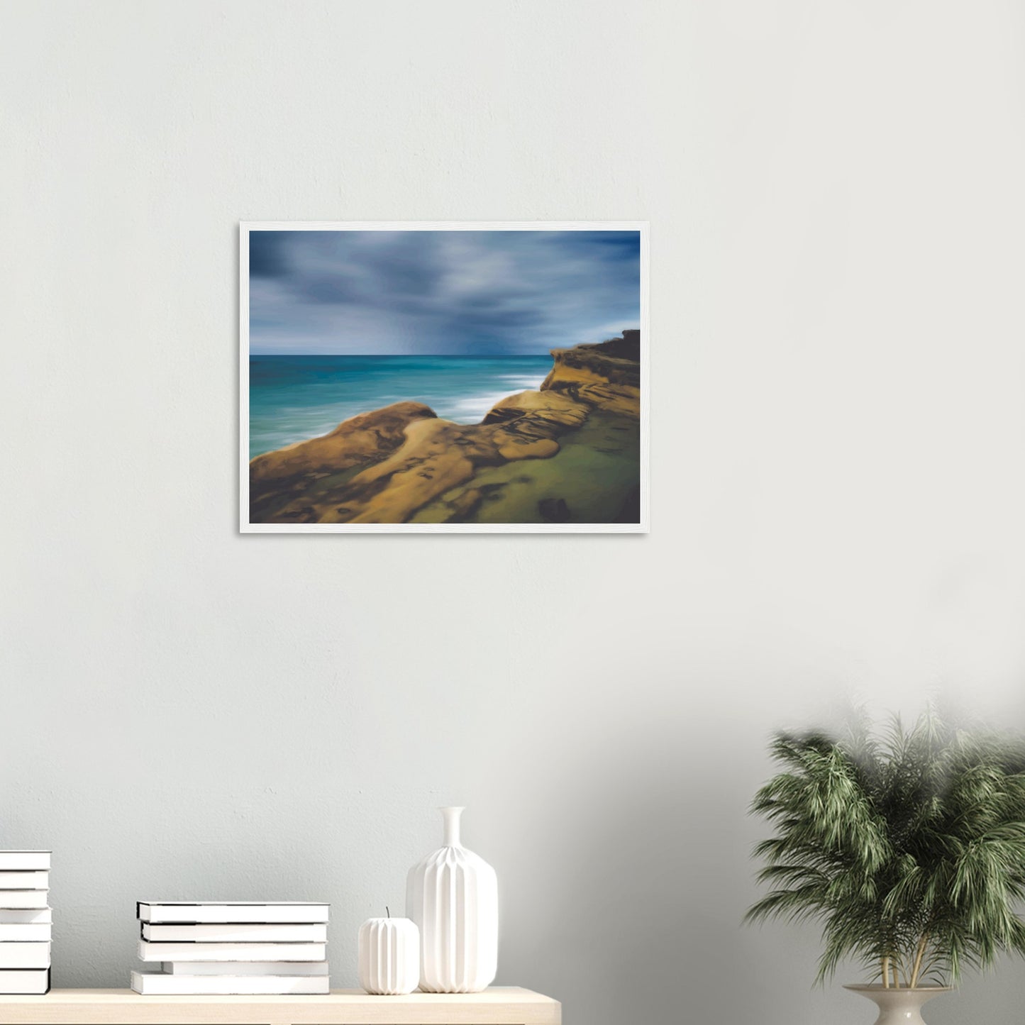 Moody seascape artwork of Castlepoint, with cliffs in the foreground and dark ocean under a brooding sky.
