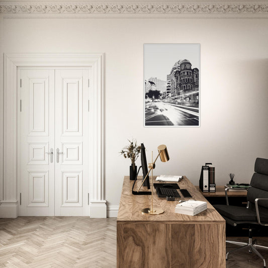 Wellington’s Public Trust Building in bold black and white with city light trails in Public Trust by NZ designer Ben Hart.