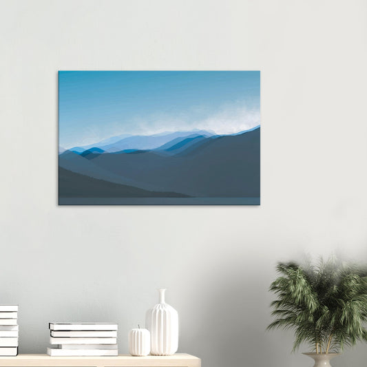 Soft, layered silhouettes of misty blue mountains against a calming sky, this piece captures the peaceful essence of nature.